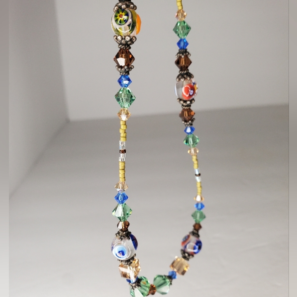 Multicolor Murano Glass Millefiori Evil Eye Bead Necklace Sterling Silver 925 9"